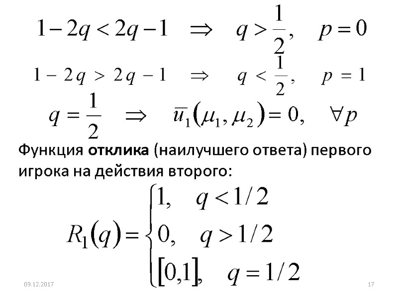 Функция отклика (наилучшего ответа) первого игрока на действия второго: 09.12.2017 17